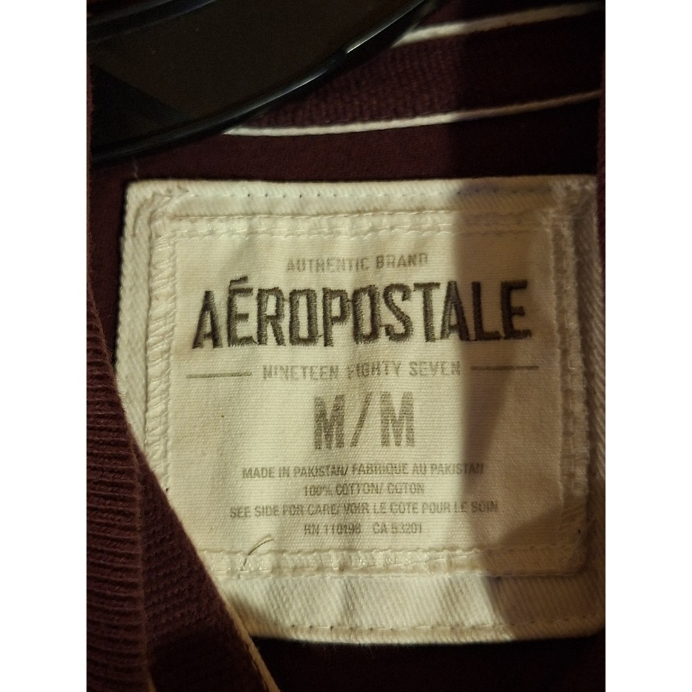 Aeropostale Mens M Striped Polo Shirt Burgundy Brown A87 Logo Short Sleeve - Picture 3 of 9